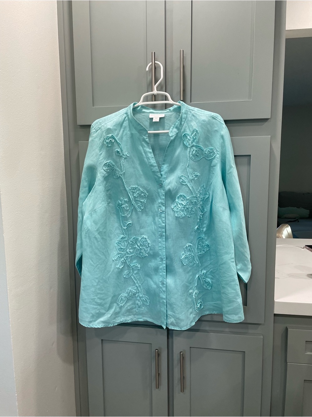 Charter Club Aqua Embroidered Linen-Blend Button Front Top